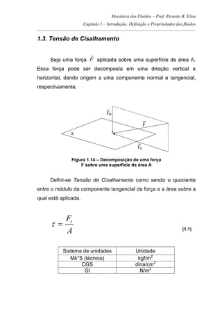 Mecânica dos Fluidos – Prof. Ricardo B. Elias
Capítulo 1 – Introdução, Definição e Propriedades dos fluidos
_____________________________________________________________________________________
1.3. Tensão de Cisalhamento
Seja uma força F
r
aplicada sobre uma superfície de área A.
Essa força pode ser decomposta em uma direção vertical e
horizontal, dando origem a uma componente normal e tangencial,
respectivamente.
Figura 1.14 – Decomposição de uma força
F sobre uma superfície da área A
Defini-se Tensão de Cisalhamento como sendo o quociente
entre o módulo da componente tangencial da força e a área sobre a
qual está aplicada.
A
Ft
=τ (1.1)
Sistema de unidades Unidade
Mk*S (técnico) kgf/m2
CGS dina/cm2
SI N/m2
 