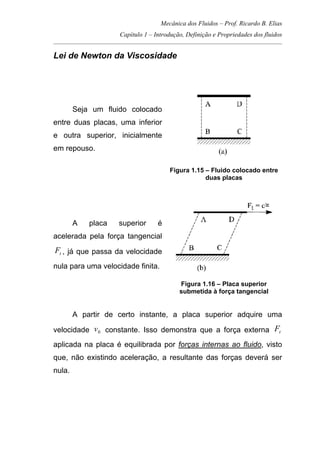 Mecânica dos Fluidos – Prof. Ricardo B. Elias
Capítulo 1 – Introdução, Definição e Propriedades dos fluidos
_____________________________________________________________________________________
Lei de Newton da Viscosidade
Seja um fluido colocado
entre duas placas, uma inferior
e outra superior, inicialmente
em repouso.
Figura 1.15 – Fluido colocado entre
duas placas
A placa superior é
acelerada pela força tangencial
tF , já que passa da velocidade
nula para uma velocidade finita.
Figura 1.16 – Placa superior
submetida à força tangencial
A partir de certo instante, a placa superior adquire uma
velocidade 0v constante. Isso demonstra que a força externa tF
aplicada na placa é equilibrada por forças internas ao fluido, visto
que, não existindo aceleração, a resultante das forças deverá ser
nula.
 