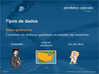 © 2010 Pearson. Todos os direitos reservados.slide 19
Dados qualitativos
Consistem em atributos, qualidades ou entradas não numéricas.
Graduação
Local de
nascimento Cor dos olhos
Tipos de dados
 