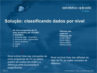 © 2010 Pearson. Todos os direitos reservados.slide 25
Nível ordinal (lista das colocações de
cinco programas de TV; os dados
podem ser postos em ordem; a
diferença entre as posições é
insignificante).
Nível nominal (lista das afiliadas da
rede de TV; as siglas nomeiam as
afiliadas).
Solução: classificando dados por nível
Os cinco programas de TV
mais assistidos (de 12/2/2007
a 18/2/2007)
1. American Idol – terça-feira
2. American Idol – quarta-feira
3. Grey’s anatomy
4. House
5. CSI
Afiliadas das
redes em
Pittsburg, PA
WTAE (ABC)
WPXI (NBC)
KDKA (CBS)
WPGH (FOX)
 