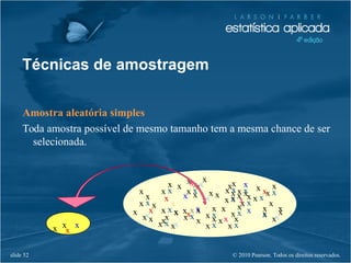 © 2010 Pearson. Todos os direitos reservados.slide 52
Técnicas de amostragem
Amostra aleatória simples
Toda amostra possível de mesmo tamanho tem a mesma chance de ser
selecionada.
x x
x
xx
x
x
x x
x
x
x
x
x
x
x x
xx
x
x
x
x
x
x xx x
x
x
x
x
xx
x
x
x
x
x x
xx
x
x
x
x
x
x xx x
x
x
x
x
x
x
x
x
x
x
x x
xx
x
x
x
x
x
x xx x
x x
x
xx
x
x
x
x
x x
xx
x
x
x
x
x
x xx x
x x
x
x
x x
x
xx
x
x
x
x
 