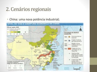 • China: uma nova potência industrial;
2. Cenários regionais
Industrialização
Chinesa
Baixos
salários
Pequenos
custos de
produção
Recursos
minerais
Petróleo
Termelétricas
e hidrelétricas
 