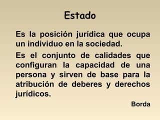 Estado
Es la posición jurídica que ocupa
un individuo en la sociedad.
Es el conjunto de calidades que
configuran la capacidad de una
persona y sirven de base para la
atribución de deberes y derechos
jurídicos.
Borda
 