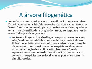 A árvore filogenética
 Ao refletir sobre a origem e a diversificação dos seres vivos,
Darwin comparou a história evolutiva da vida a uma árvore: o
“tronco’’ seria representado pelos primeiros seres vivos, que logo
teriam se diversificado e originado ramos, correspondentes às
novas linhagens de organismos.
 As árvores filogenéticas são diagramas que representam essas
relações de ancestralidade e descendências, consistindo em
linhas que se bifurcam de acordo com a existência no passado
de um evento que transformou uma espécie em duas novas
espécies. A junção desta bifurcação chama-se nó, onde
representa esse momento de diversificação e o ancestral em
comum das espécies que se localizam na ponta de cada uma
das bifurcações.
 