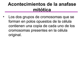 Acontecimientos de la anafase
              mitótica
•   Los dos grupos de cromosomas que se
    forman en polos opuestos de la célula
    contienen una copia de cada uno de los
    cromosomas presentes en la célula
    original.
 
