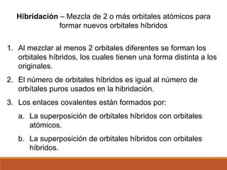 Hibridación – Mezcla de 2 o más orbitales atómicos para
formar nuevos orbitales híbridos
1. Al mezclar al menos 2 orbitales diferentes se forman los
orbitales híbridos, los cuales tienen una forma distinta a los
originales.
2. El número de orbitales híbridos es igual al número de
orbítales puros usados en la hibridación.
3. Los enlaces covalentes están formados por:
a. La superposición de orbitales híbridos con orbitales
atómicos.
b. La superposición de orbitales híbridos con orbitales
híbridos.
 