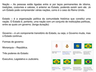 Nação – As pessoas estão ligadas entre si por laços permanentes de idioma, tradições, costumes e valores, é anterior ao Estado, podendo existir sem ele. Já um Estado pode compreender várias nações, como é o caso do Reino Unido. Estado – é a organização política da comunidade histórica que constitui uma nação. O Estado é, portanto, uma nação com um conjunto de instituições políticas, entre as quais um governo. (longa duração) Governo – é um componente transitório do Estado, ou seja, o Governo muda, mas o Estado continua. Formas de governo: Monarquia – República. Três poderes do Estado: Executivo, Legislativo e Judiciário.  