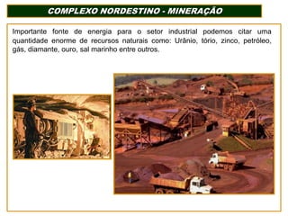COMPLEXO NORDESTINO - MINERAÇÃO
Importante fonte de energia para o setor industrial podemos citar uma
quantidade enorme de recursos naturais como: Urânio, tório, zinco, petróleo,
gás, diamante, ouro, sal marinho entre outros.

 