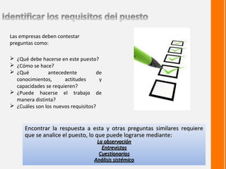 Las empresas deben contestar
preguntas como:

 ¿Qué debe hacerse en este puesto?
 ¿Cómo se hace?
 ¿Qué         antecedente          de
  conocimientos,      actitudes      y
  capacidades se requieren?
 ¿Puede hacerse el trabajo de
  manera distinta?
 ¿Cuáles son los nuevos requisitos?



      Encontrar la respuesta a esta y otras preguntas similares requiere
      que se analice el puesto, lo que puede lograrse mediante:
                                   La observación
                                     Entrevistas
                                    Cuestionarios
                                  Análisis sistémico
 