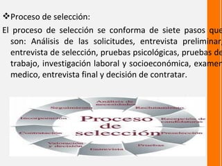 Proceso de selección:
El proceso de selección se conforma de siete pasos que
  son: Análisis de las solicitudes, entrevista preliminar,
  entrevista de selección, pruebas psicológicas, pruebas de
  trabajo, investigación laboral y socioeconómica, examen
  medico, entrevista final y decisión de contratar.
 