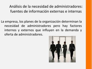 Análisis de la necesidad de administradores:
     fuentes de información externas e internas

La empresa, los planes de la organización determinan la
  necesidad de administradores pero hay factores
  internos y externos que influyen en la demanda y
  oferta de administradores.
 
