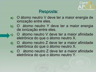 O átomo neutro V deve ter a maior energia de ionização entre eles. O  átomo neutro Y deve ter a maior energia de ionização entre eles. O  átomo neutro V deve ter a maior afinidade eletrônica do que o átomo neutro X.  O  átomo neutro Z deve ter a maior afinidade eletrônica do que o átomo neutro X.  O  átomo neutro Z deve ter a maior afinidade eletrônica do que o átomo neutro Y.  Resposta: 