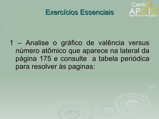 Exercícios Essenciais 1 – Analise o gráfico de valência versus número atômico que aparece na lateral da página 175 e consulte  a tabela periódica para resolver às paginas: 