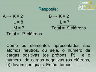Resposta: A  K = 2  B  K = 2 L = 8  L = 7 M = 7  Total =  9 elétrons  Total = 17 elétrons  Como os elementos apresentados são átomos neutros, ou seja, o número de cargas positivas (os prótons, P)  e o número  de cargas negativas (os elétrons, e) devem ser iguais. Então, temos:  
