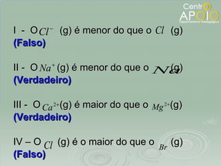 I  -  O  (g) é menor do que o  (g) (Falso) II -  O  (g) é menor do que o  (g) (Verdadeiro) III -  O  (g) é maior do que o  (g) (Verdadeiro) IV – O  (g) é o maior do que o  (g) (Falso) 