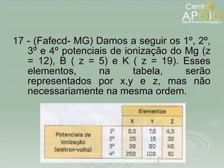 17 - (Fafecd- MG) Damos a seguir os 1º, 2º, 3º e 4º potenciais de ionização do Mg (z = 12), B ( z = 5) e K ( z = 19). Esses elementos, na tabela, serão representados por x,y e z, mas não necessariamente na mesma ordem. 