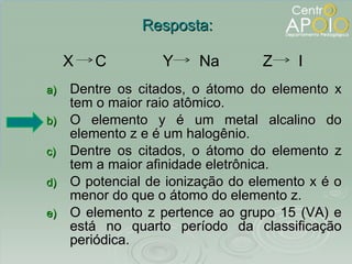 Dentre os citados, o átomo do elemento x tem o maior raio atômico. O elemento y é um metal alcalino do elemento z e é um halogênio. Dentre os citados, o átomo do elemento z tem a maior afinidade eletrônica. O potencial de ionização do elemento x é o menor do que o átomo do elemento z. O elemento z pertence ao grupo 15 (VA) e está no quarto período da classificação periódica. Resposta: X  C  Y  Na  Z  I 