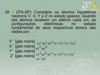 28 - (ITA-SP) Considere os átomos hipotéticos neutrons V, X, Y e Z no estado gasoso. Quando tais átomos recebem um elétron cada um, as configurações eletrônicas no estado fundamental de seus respectivos ânions são dadas por: V¨  [gás nobre] X¨  [gás nobre] Y¨  [gás nobre] Z¨ [gás nobre] 
