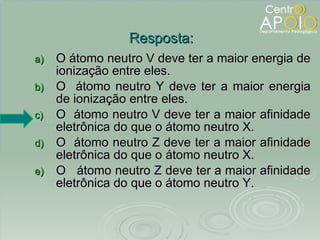 <ul><li>O átomo neutro V deve ter a maior energia de ionização entre eles. </li></ul><ul><li>O  átomo neutro Y deve ter a ...