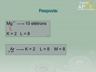 Resposta: Mg   10 elétrons K = 2  L = 8 Ar  K = 2  L = 8  M = 8 