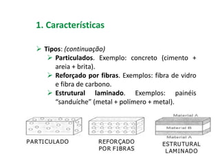 1. Características
 Tipos: (continuação)
 Particulados. Exemplo: concreto (cimento +
areia + brita).
 Reforçado por fibras. Exemplos: fibra de vidro
e fibra de carbono.
 Estrutural laminado. Exemplos: painéis
“sanduíche” (metal + polímero + metal).
 