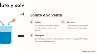 Soluto e Solvente
1 Soluto
É a substância que se dissolve em
um solvente para formar uma
solução.
2 Solvente
É a substância que dissolverá o
soluto para formar a solução.
3 Exemplos
Exemplos comuns incluem açúcar (soluto) dissolvido em água (solvente) para
fazer uma solução de açúcar.
 