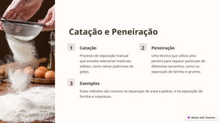 Catação e Peneiração
1 Catação
Processo de separação manual
que envolve selecionar materiais
sólidos, como retirar pedrinhas de
grãos.
2 Peneiração
Uma técnica que utiliza uma
peneira para separar partículas de
diferentes tamanhos, como na
separação de farinha e grumos.
3 Exemplos
Esses métodos são comuns na separação de areia e pedras, e na separação de
farinha e impurezas.
 