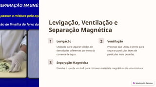 Levigação, Ventilação e
Separação Magnética
1 Levigação
Utilizada para separar sólidos de
densidades diferentes por meio da
corrente de água.
2 Ventilação
Processo que utiliza o vento para
separar partículas leves de
partículas mais pesadas.
3 Separação Magnética
Envolve o uso de um ímã para remover materiais magnéticos de uma mistura.
 