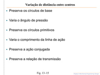 Variação de distância entre centros
 Preserva os círculos de base
 Varia o ângulo de pressão
 Preserva os círculos primitivos
 Varia o comprimento da linha de ação
 Preserva a ação conjugada
 Preserva a relação de transmissão
Shigley’s Mechanical Engineering Design
Fig. 13–15
 