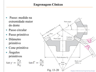 Engrenagens Cônicas
 Passo: medido na
extremidade maior
do dente
 Passo circular
 Passo primitivo
 Diâmetro
primitivo
 Cone primitivo
 Ângulos
primitivos
Shigley’s Mechanical Engineering Design
Fig. 13–20
 