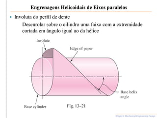 Engrenagens Helicoidais de Eixos paralelos
 Involuta do perfil de dente
Desenrolar sobre o cilindro uma faixa com a extremidade
cortada em ângulo igual ao da hélice
Shigley’s Mechanical Engineering Design
Fig. 13–21
 