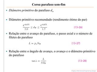 Coroa parafuso sem-fim
 Diâmetro primitivo do parafuso dw
 Diâmetro primitivo recomendado (rendimento ótimo do par)
 Relação entre o avanço do parafuso, o passo axial e o número de
filetes do parafuso
 Relação entre o ângulo de avanço, o avanço e o diâmetro primitivo
do parafuso
Shigley’s Mechanical Engineering Design
 