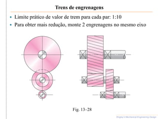 Trens de engrenagens
 Limite prático de valor de trem para cada par: 1:10
 Para obter mais redução, monte 2 engrenagens no mesmo eixo
Shigley’s Mechanical Engineering Design
Fig. 13–28
 