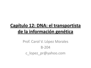 Capítulo 12: DNA: el transportista
   de la información genética
      Prof. Carol V. López Morales
                  B-204
        c_lopez_pr@yahoo.com
 