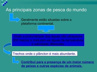 As principais zonas de pesca do mundo

        Geralmente estão situadas sobre a
        plataforma continental.



    Onde a profundidade das águas não ultrapassa
   200 metros e misturam-se águas de temperatura
               e salinidade diferentes.


   Trechos onde o plâncton é mais abundante.

        Contribui para a presença de um maior número
        de peixes e outras espécies de animais.
 