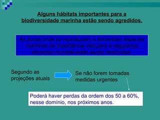 Alguns hábitats importantes para a
    biodiversidade marinha estão sendo agredidos.


   As zonas onde se reproduzem e alimentam espécies
     marinhas de importância vital para a segurança
        alimentar mundial estão sendo destruídas.


Segundo as              Se não forem tomadas
projeções atuais        medidas urgentes


       Poderá haver perdas da ordem dos 50 a 60%,
       nesse domínio, nos próximos anos.
 