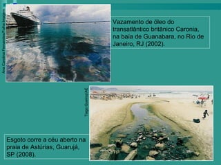 Ana Carolina Fernandes/Folha Imagem




                                                                                    Vazamento de óleo do
                                                                                    transatlântico britânico Caronia,
                                                                                    na baía de Guanabara, no Rio de
                                                                                    Janeiro, RJ (2002).




                                                                 Tiago Queiroz/AE




                                      Esgoto corre a céu aberto na
                                      praia de Astúrias, Guarujá,
                                      SP (2008).
 