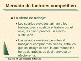Mercado de factores competitivo 
 La oferta de trabajo: 
 Los salarios elevados animan a los 
trabajadores a sustituir el trabajo por el 
ocio, es decir, provoca un efecto-sustitución. 
 Los salarios elevados permiten al 
trabajador comprar más bienes, entre los 
que se incluye el ocio, lo que reduce las 
horas de trabajo, es decir, provoca un 
efecto-renta. 
Capítulo 14: Los mercados de factores 
 