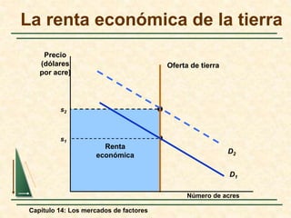 La renta económica de la tierra 
Renta 
económica 
Economic 
Rent 
s2 
s1 
Capítulo 14: Los mercados de factores 
Número de acres 
Precio 
(dólares 
por acre) 
Oferta de tierra 
D2 
D1 
 