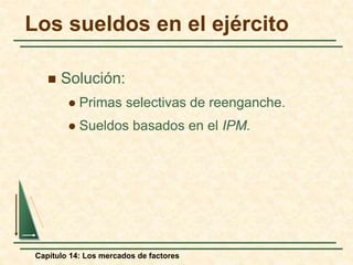 Los sueldos en el ejército 
 Solución: 
 Primas selectivas de reenganche. 
 Sueldos basados en el IPM. 
Capítulo 14: Los mercados de factores 
 