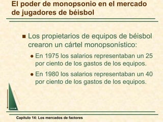 El poder de monopsonio en el mercado 
de jugadores de béisbol 
 Los propietarios de equipos de béisbol 
crearon un cártel monopsonístico: 
 En 1975 los salarios representaban un 25 
por ciento de los gastos de los equipos. 
 En 1980 los salarios representaban un 40 
por ciento de los gastos de los equipos. 
Capítulo 14: Los mercados de factores 
 