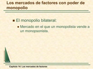 Los mercados de factores con poder de 
monopolio 
 El monopolio bilateral: 
 Mercado en el que un monopolista vende a 
un monopsonista. 
Capítulo 14: Los mercados de factores 
 