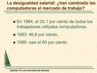 La desigualdad salarial: ¿han cambiado las 
computadoras el mercado de trabajo? 
 En 1984, el 25,1 por ciento de todos los 
trabajadores utilizaba computadoras. 
 1993: 46,6 por ciento. 
 1999: casi el 60 por ciento. 
Capítulo 14: Los mercados de factores 
 