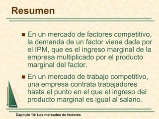 Resumen 
 En un mercado de factores competitivo, 
la demanda de un factor viene dada por 
el IPM, que es el ingreso marginal de la 
empresa multiplicado por el producto 
marginal del factor. 
 En un mercado de trabajo competitivo, 
una empresa contrata trabajadores 
hasta el punto en el que el ingreso del 
producto marginal es igual al salario. 
Capítulo 14: Los mercados de factores 
 