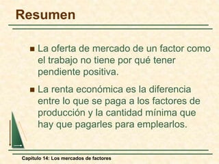 Resumen 
 La oferta de mercado de un factor como 
el trabajo no tiene por qué tener 
pendiente positiva. 
 La renta económica es la diferencia 
entre lo que se paga a los factores de 
producción y la cantidad mínima que 
hay que pagarles para emplearlos. 
Capítulo 14: Los mercados de factores 
 
