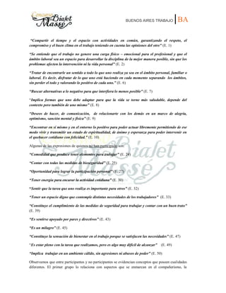 BUENOS AIRES TRABAJO |BA
“Compartir el tiempo y el espacio con actividades en común, garantizando el respeto, el
compromiso y el buen clima en el trabajo teniendo en cuenta las opiniones del otro” (E. 1)
“Se entiende que el trabajo no genere una carga físico – emocional para el profesional y que el
ámbito laboral sea un espacio para desarrollar la disciplina de la mejor manera posible, sin que los
problemas afecten la intervención ni la vida personal” (E. 2)
“Tratar de encontrarle un sentido a todo lo que uno realiza ya sea en el ámbito personal, familiar o
laboral. Es decir, disfrutar de lo que uno está haciendo en cada momento separando los ámbitos,
sin perder el todo y valorando lo positivo de cada uno.” (E. 6)
“Buscar alternativas a lo negativo para que interfiera lo menos posible” (E. 7)
“Implica formas que uno debe adaptar para que la vida se torne más saludable, depende del
contexto pero también de uno mismo” (E. 8)
“Deseos de hacer, de comunicación, de relacionarte con los demás en un marco de alegría,
optimismo, sanción mental y física” (E. 9)
“Encontrar en sí mismo y en el entorno lo positivo para poder actuar libremente permitiendo de ese
modo vivir y transmitir un estado de espiritualidad, de ánimo y esperanza para poder intervenir en
el quehacer cotidiano con felicidad.” (E. 10)
Algunas de las expresiones de quienes no han participado son:
“Comodidad que produce tener elementos para trabajar” (E. 24)
“Contar con todas las medidas de bioseguridad” (E. 25)
“Oportunidad para lograr la participación personal” (E. 27)
“Tener energía para encarar la actividad cotidiana” (E. 30)
“Sentir que la tarea que uno realiza es importante para otros” (E. 32)
“Tener un espacio digno que contemple distintas necesidades de los trabajadores” (E. 33)
“Constituye el cumplimiento de las medidas de seguridad para trabajar y contar con un buen trato”
(E. 39)
“Es sentirse apoyado por pares y directivos” (E. 43)
“Es un milagro” (E. 45)
“Constituye la sensación de bienestar en el trabajo porque se satisfacen las necesidades” (E. 47)
“Es estar pleno con la tarea que realizamos, pero es algo muy difícil de alcanzar” (E. 49)
“Implica trabajar en un ambiente cálido, sin agresiones ni abusos de poder” (E. 50)
Observamos que entre participantes y no participantes se evidencian conceptos que poseen cualidades
diferentes. El primer grupo lo relaciona con aspectos que se enmarcan en el compañerismo, la
 