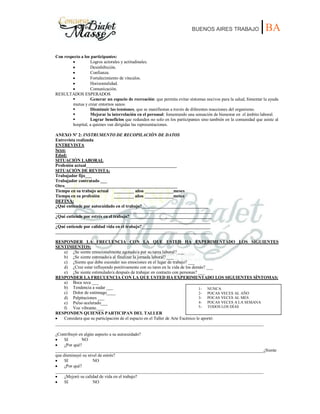 BUENOS AIRES TRABAJO |BA
Con respecto a los participantes:
Logros actorales y actitudinales.
Desinhibición.
Confianza.
Fortalecimiento de vínculos.
Horizontalidad.
Comunicación.
RESULTADOS ESPERADOS
ƒ Generar un espacio de recreación: que permita evitar síntomas nocivos para la salud, fomentar la ayuda
mutua y crear entornos sanos.
ƒ Disminuir las tensiones, que se manifiestan a través de diferentes reacciones del organismo.
ƒ Mejorar la interrelación en el personal: fomentando una sensación de bienestar en el ámbito laboral.
ƒ Lograr beneficios que redunden no solo en los participantes sino también en la comunidad que asiste al
hospital, a quienes van dirigidas las representaciones.
ANEXO Nº 2: INSTRUMENTO DE RECOPILACIÓN DE DATOS
Entrevista realizada
ENTREVISTA
Sexo:
Edad:
SITUACIÓN LABORAL
Profesión actual_________________________________________
SITUACIÓN DE REVISTA:
Trabajador fijo___
Trabajador contratado ___
Otro___________________________________________________
Tiempo en su trabajo actual _________ años _____________meses
Tiempo en su profesión _________ años _____________meses
DEFINA:
¿Qué entiende por autocuidado en el trabajo?______________________________
_______________________________________________________________________
¿Qué entiende por estrés en el trabajo?_____________________________________
______________________________________________________________________
¿Qué entiende por calidad vida en el trabajo?_______________________________
______________________________________________________________________
RESPONDER LA FRECUENCIA CON LA QUE USTED HA EXPERIMENTADO LOS SIGUIENTES
SENTIMIENTOS:
a) ¿Se siente emocionalmente agotado/a por su tarea laboral? ___
b) ¿Se siente estresado/a al finalizar la jornada laboral? ___
c) ¿Siente que debe esconder sus emociones en el lugar de trabajo? ___
d) ¿Cree estar influyendo positivamente con su tares en la vida de los demás? ___
e) ¿Se siente estimulado/a después de trabajar en contacto con personas? ___
RESPONDER LA FRECUENCIA CON LA QUE USTED HA EXPERIMENTADO LOS SIGUIENTES SÍNTOMAS:
a) Boca seca ___
b) Tendencia a sudar ___
c) Dolor de estómago____
d) Palpitaciones ___
e) Pulso acelerado___
f) Voz vibrante.___
RESPONDEN QUIENES PARTICIPAN DEL TALLER
Considera que su participación de el espacio en el Taller de Arte Escénico le aportó:
______________________________________________________________________________________________
¿Contribuyó en algún aspecto a su autocuidado?¿C
SI NO
¿Por qué?
______________________________________________________________________________________________¿Siente
que disminuyó su nivel de estrés?qu
SI NO
¿Por qué?
________________________________________________________________________________________________
¿Mejoró su calidad de vida en el trabajo?
SI NO
1- NUNCA
2- POCAS VECES AL AÑO
3- POCAS VECES AL MES
4- POCAS VECES A LA SEMANA
5- TODOS LOS DÍAS
 