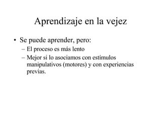 Aprendizaje en la vejez Se puede aprender, pero: El proceso es más lento Mejor si lo asociamos con estímulos manipulativos (motores) y con experiencias previas. 