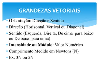  Orientação: Direção e Sentido
 Direção (Horizontal, Vertical ou Diagonal)
 Sentido (Esquerda, Direita, De cima para baixo
ou De baixo para cima)
 Intensidade ou Módulo: Valor Numérico
 Comprimento Medido em Newtons (N)
 Ex: 3N ou 5N
GRANDEZAS VETORIAIS
 