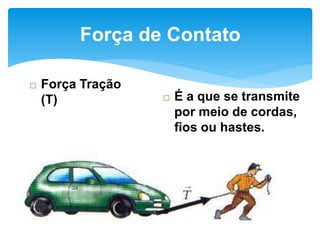 Força de Contato
 Força Tração
(T)  É a que se transmite
por meio de cordas,
fios ou hastes.
 